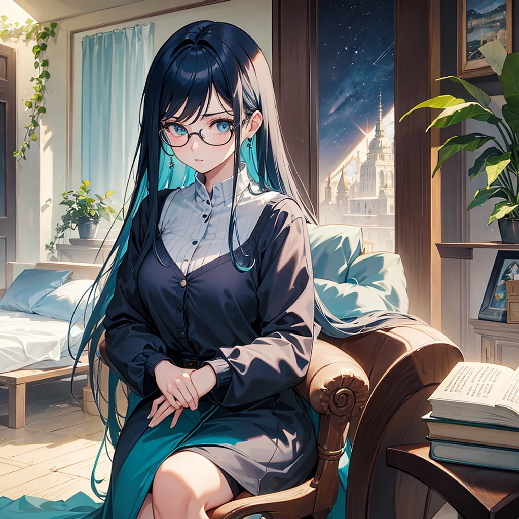A girl with long dark blue hair with turquoise locks, She wears glasses and is pale, her eyes are dark blue, she dresses formally and is holding a book., She is 29 years old and looks quite serious while reading the book.