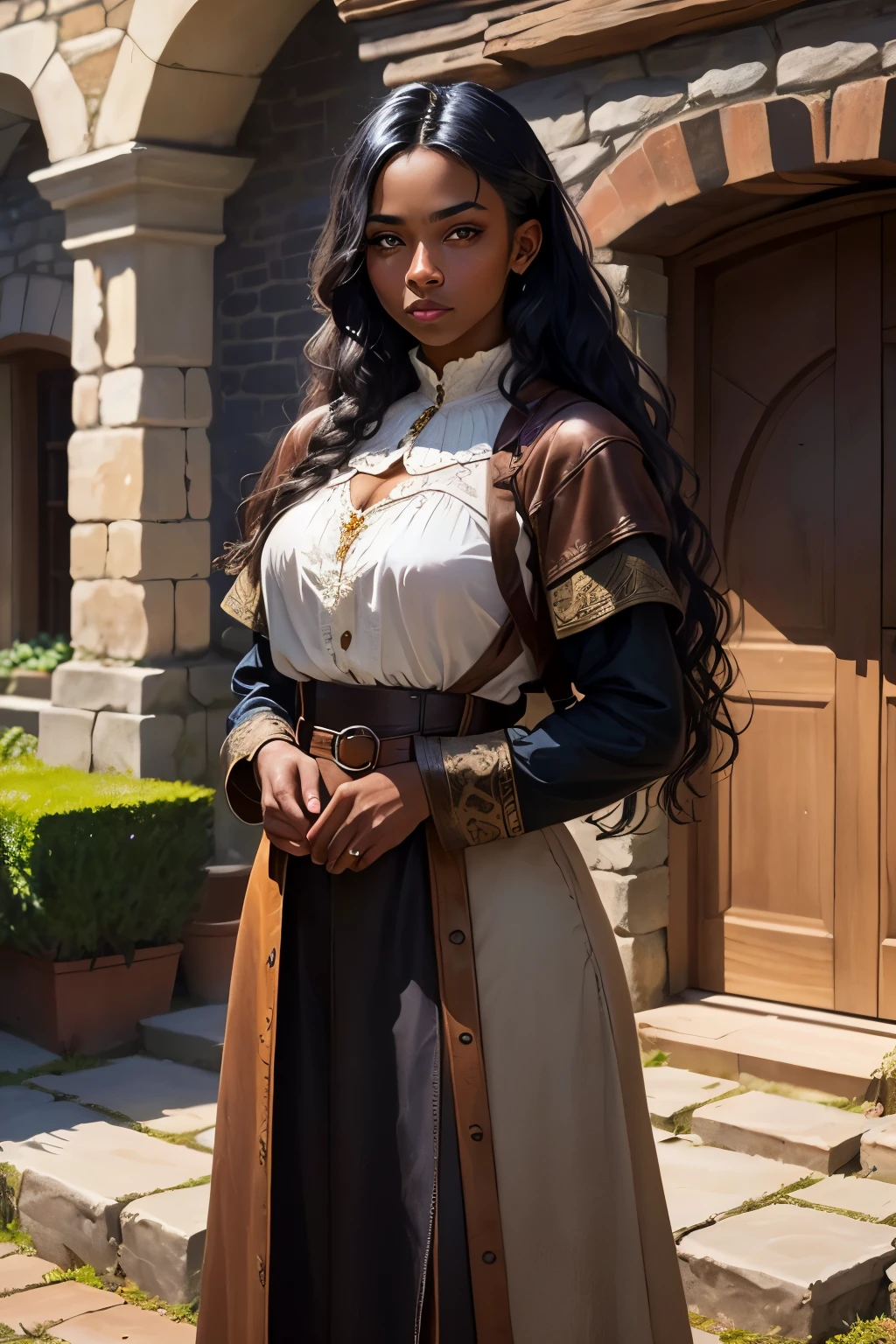 ((best qualityer)), ((work of art)), (detailded), 1 poor woman, fantasy RPG medieval commoner peasant , darkskin, olhos detaildeds, long black wavy straight hair, European peasant clothing ,commoner ,fully dressed, brown leather clothing, fully dressed, gray belts, in the background an old stone building, clear lighting, detailed shadows