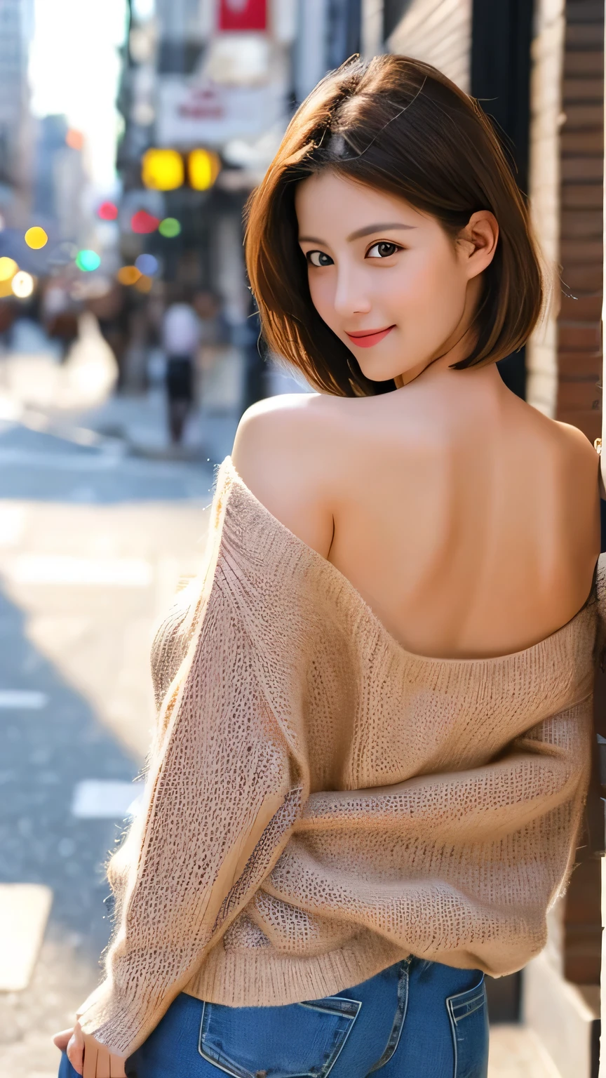 Non-NSFW、Realistic、Highest quality、Highest quality、masterpiece、Ultra-high resolution、RAW Photos、Realistic、Bright lighting、Face Light、Smooth Professional Lighting、Looking into the camera、alone、Adult female、Beautiful woman、Super Beauty、Realistic肌、Moisturized Skin、Realistic eyes and faces、Perfect model body shape、Beautiful Eyes、Big eyes、Inconspicuous tear bags、slim、No bra、Beautiful fingers、Very short hair、Brown Hair、Iris、Looks happy、(Both ears are hidden by hair), (Long thigh-length knit shirt:1.3),(Off-shoulder:1.1),In the city, Small Ass, (Large Breasts:1.1),(Venus' Nipples:1.2), A konigsreuter、Sexy Random Poses,(standing:1.1),(from behind:1.6)