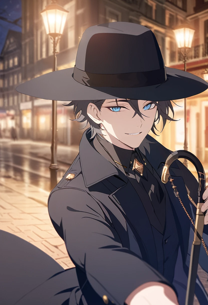 masterpiece,best quality,depth of field,8K,looking at the viewer,dark gray hair,blue eyes,man,close,Street lamp,black long coat,square black panama hat,stylish cane,smiling,male,(charismatic eyes 1;1),wseifuku,chic,