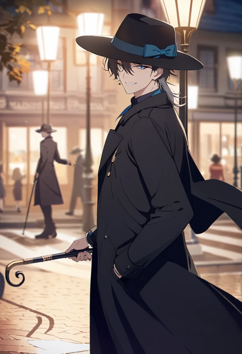 masterpiece,best quality,depth of field,8K,looking at the viewer,dark gray hair,blue eyes,man,close,Street lamp,black long coat,square black panama hat,stylish cane,smiling,male,(charismatic eyes 1;1),wseifuku,chic,