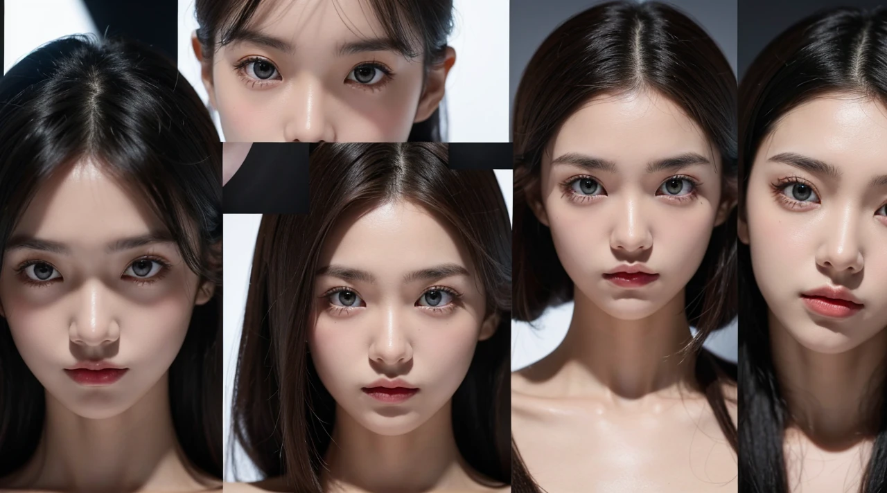 shot focusing on the eyes of each member, one per image, with a gleaming, determined look. The eyes are slightly illuminated to stand out against the dark background.
Colors: Dark background with bright, almost glowing, eyes.