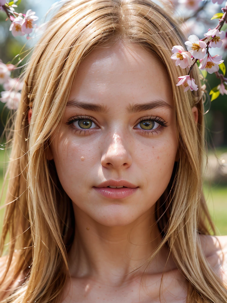 (((Ultra-realistic))), (artistic realization), (ultra-detailed face and eyes: 1.4), 1 girl, (blonde) , (naked) , (thick tousled hair), Detailed eyes, (large detailed lipakeup, (Natural breastany sakura flowers around, close-up, close to the camera)), Dark atmosphere of the frame, (ultra detailed), smile