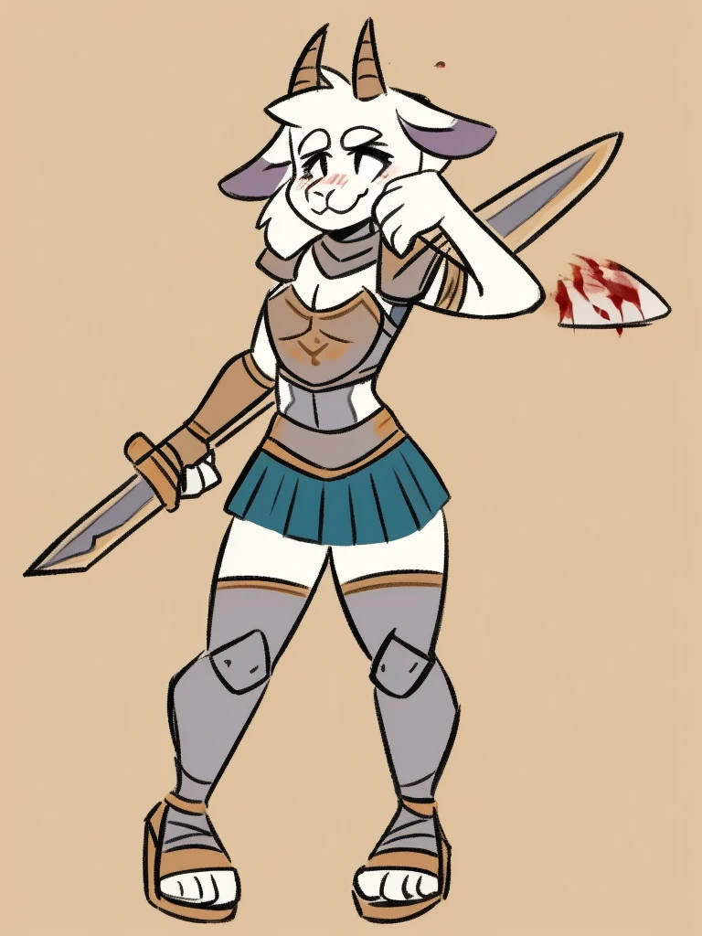 1girl, furry, furry_female, goat_ears, goat_girl, smile, solo, wearing armor, gladiator flat sandals, gladiator skirt, humanoid feet, holding sword, nosebleed,bloody nose