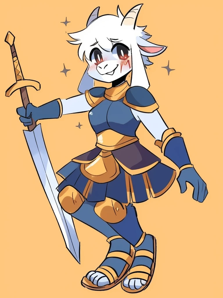 1girl, furry, furry_female, goat_ears, goat_girl, smile, solo, wearing armor, gladiator flat sandals, gladiator skirt, humanoid feet, holding sword, nosebleed,bloody nose
