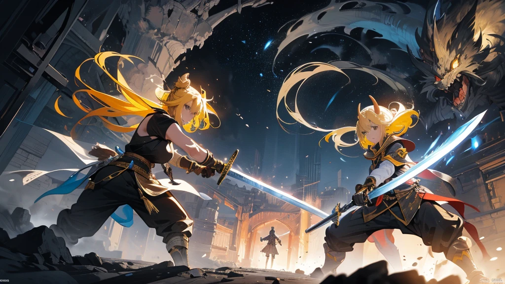 At the deepest part of the cave, a yellow-haired female swordsman with a long sword is fighting a horned monster.