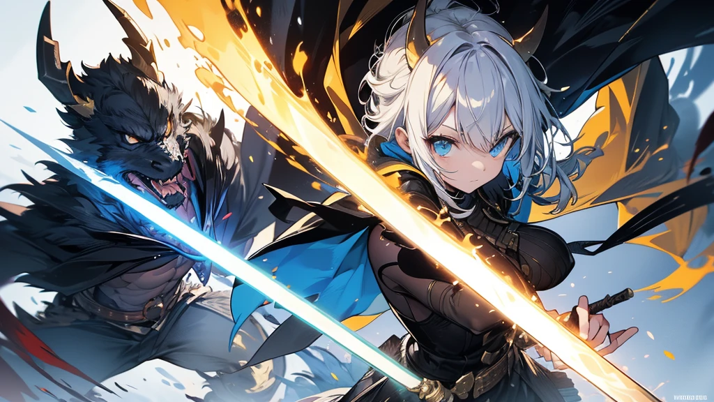 At the deepest part of the cave, a yellow-haired female swordsman with a long sword is fighting a horned monster.