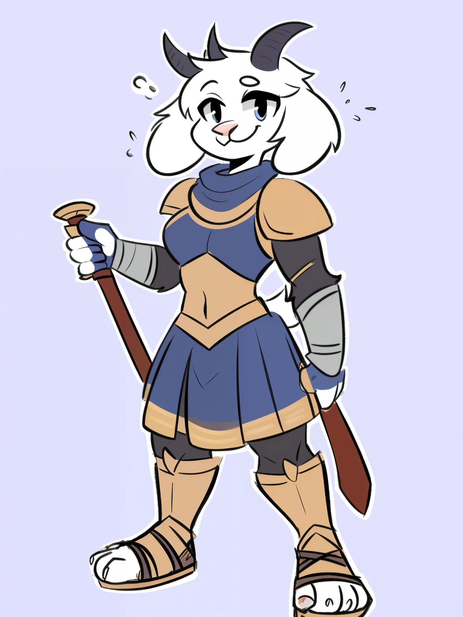 1girl, furry, furry_female, goat_ears, goat_girl, smile, solo, wearing armor, gladiator flat sandals, gladiator skirt, humanoid feet, holding sword, nosebleed,bloody nose