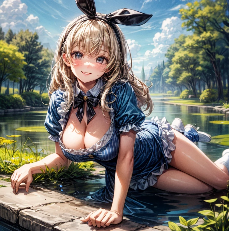 (masterpiece), (best quality), (extremely detailed), alice liddell, big messy blonde hair, blue dress, white apron, black hairband, white long socks, cleavage, cute pose, in a flower garden, (pond), (blue sky), (sunny day), 3d. Illustration, Good Highlights, Perfect Proportions, dynamic, Professional, Award winning, (high detailed skin), (high detailed face), photorealistic, HDR, ultra highres, absurdres, perfect body shape, cute smiling, realistic figure, sexy posing, teaser lying down, perfect breast, bunny, cute little animal