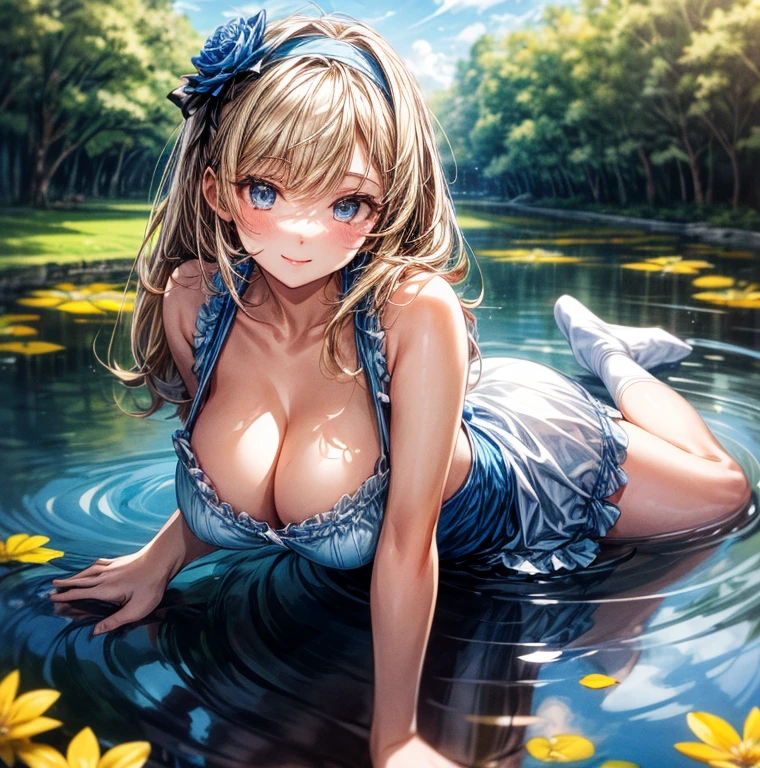 (masterpiece), (best quality), (extremely detailed), alice liddell, big messy blonde hair, blue dress, white apron, black hairband, white long socks, cleavage, cute pose, in a flower garden, (pond), (blue sky), (sunny day), 3d. Illustration, Good Highlights, Perfect Proportions, dynamic, Professional, Award winning, (high detailed skin), (high detailed face), photorealistic, HDR, ultra highres, absurdres, perfect body shape, cute smiling, realistic figure, sexy posing, teaser lying down, perfect breast, bunny, cute little animal