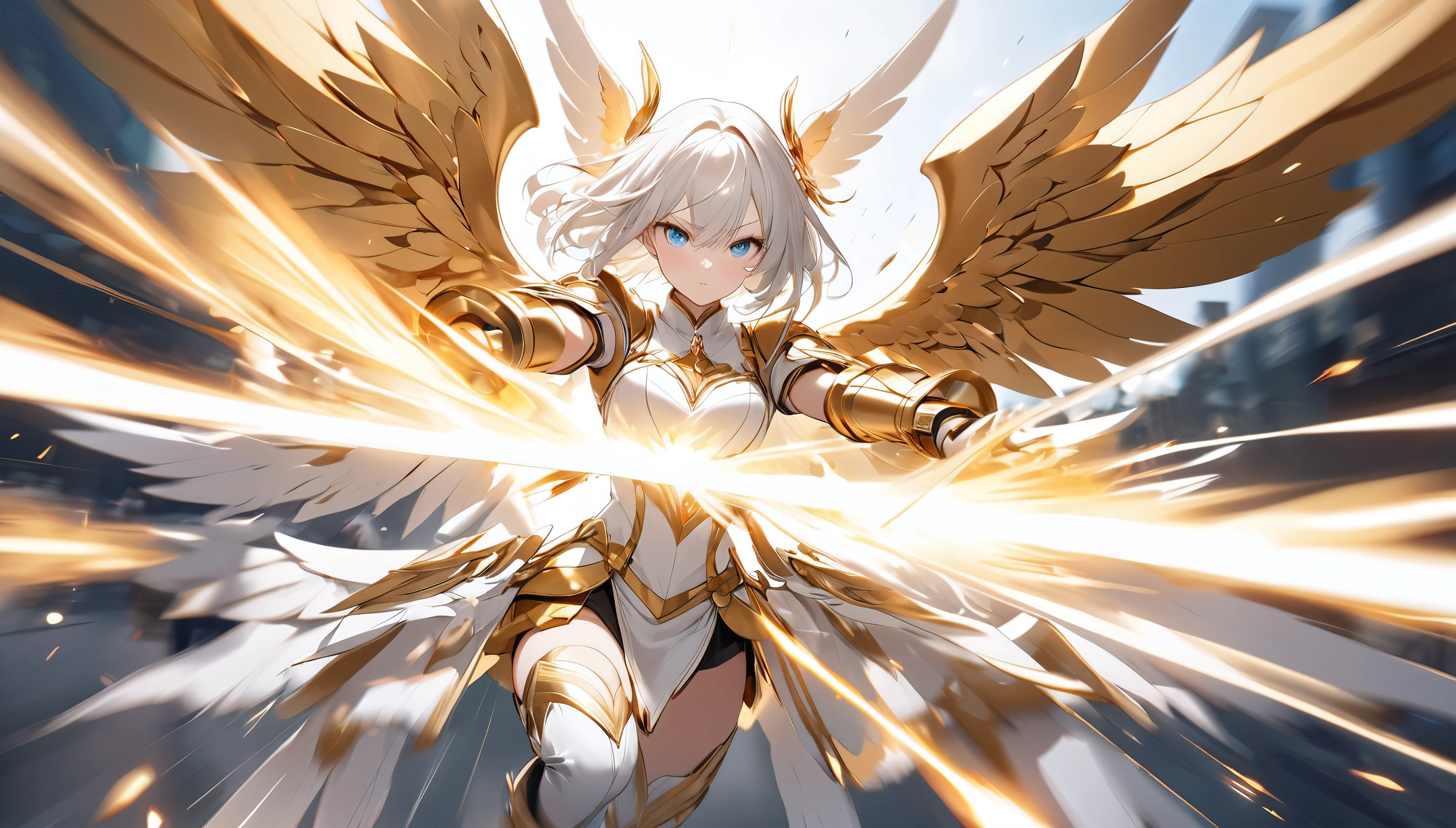 Looking at viewerMain role, [Valkyrie|Angel], sudden approach, Motion blur to express explosive acceleration, Combat Flight Mode, Fly high with detailed and aesthetic wings, Clear and pure eyes, loooking at viewer, Raise your sacred bow and aim at the viewer., god々Pure white, Pure gold luster, Dynamic shot, 