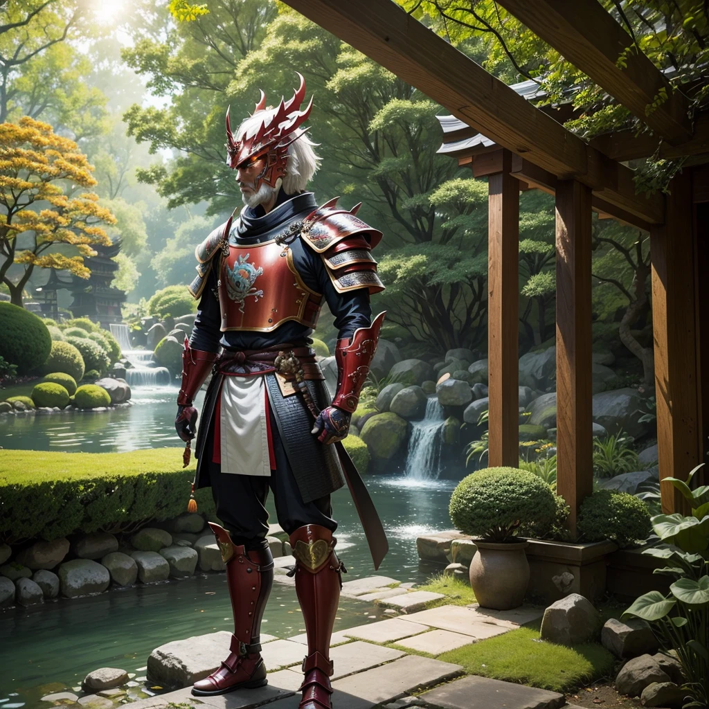 humanoid samurai dragon with iridescent scales, standing proudly in a traditional Japanese garden. The dragon is wearing a full set of samurai armor, including a helmet, breastplate, and greaves. It is wielding a katana in one hand and a shield in the other. The dragon's expression is fierce and determined, and its eyes are glowing with an inner fire. The garden is lush and green, with a variety of plants and flowers in bloom. A small stream flows through the garden, and a koi pond can be seen in the distance. The sun is shining brightly, and the sky is a clear blue.
--aspect 3:2
--width 1000
--height 1500
--quality high
