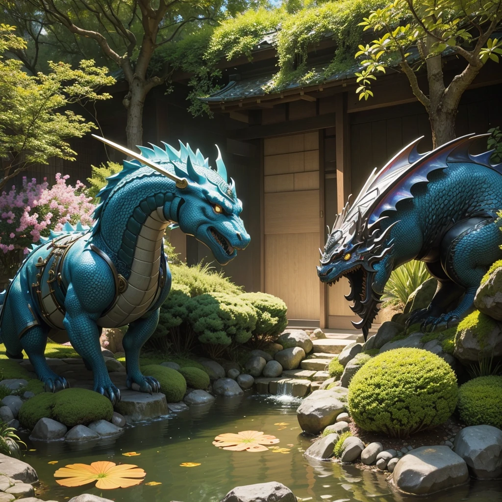humanoid samurai dragon with iridescent scales, standing proudly in a traditional Japanese garden. The dragon is wearing a full set of samurai armor, including a helmet, breastplate, and greaves. It is wielding a katana in one hand and a shield in the other. The dragon's expression is fierce and determined, and its eyes are glowing with an inner fire. The garden is lush and green, with a variety of plants and flowers in bloom. A small stream flows through the garden, and a koi pond can be seen in the distance. The sun is shining brightly, and the sky is a clear blue.
--aspect 3:2
--width 1000
--height 1500
--quality high