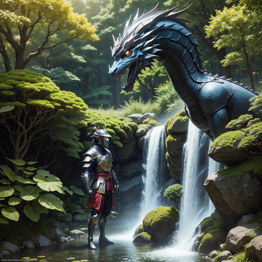 humanoid samurai dragon with iridescent scales, standing proudly in a traditional Japanese garden. The dragon is wearing a full set of samurai armor, including a helmet, breastplate, and greaves. It is wielding a katana in one hand and a shield in the other. The dragon's expression is fierce and determined, and its eyes are glowing with an inner fire. The garden is lush and green, with a variety of plants and flowers in bloom. A small stream flows through the garden, and a koi pond can be seen in the distance. The sun is shining brightly, and the sky is a clear blue.

--aspect 3:2
--width 1000
--height 1500
--quality high
