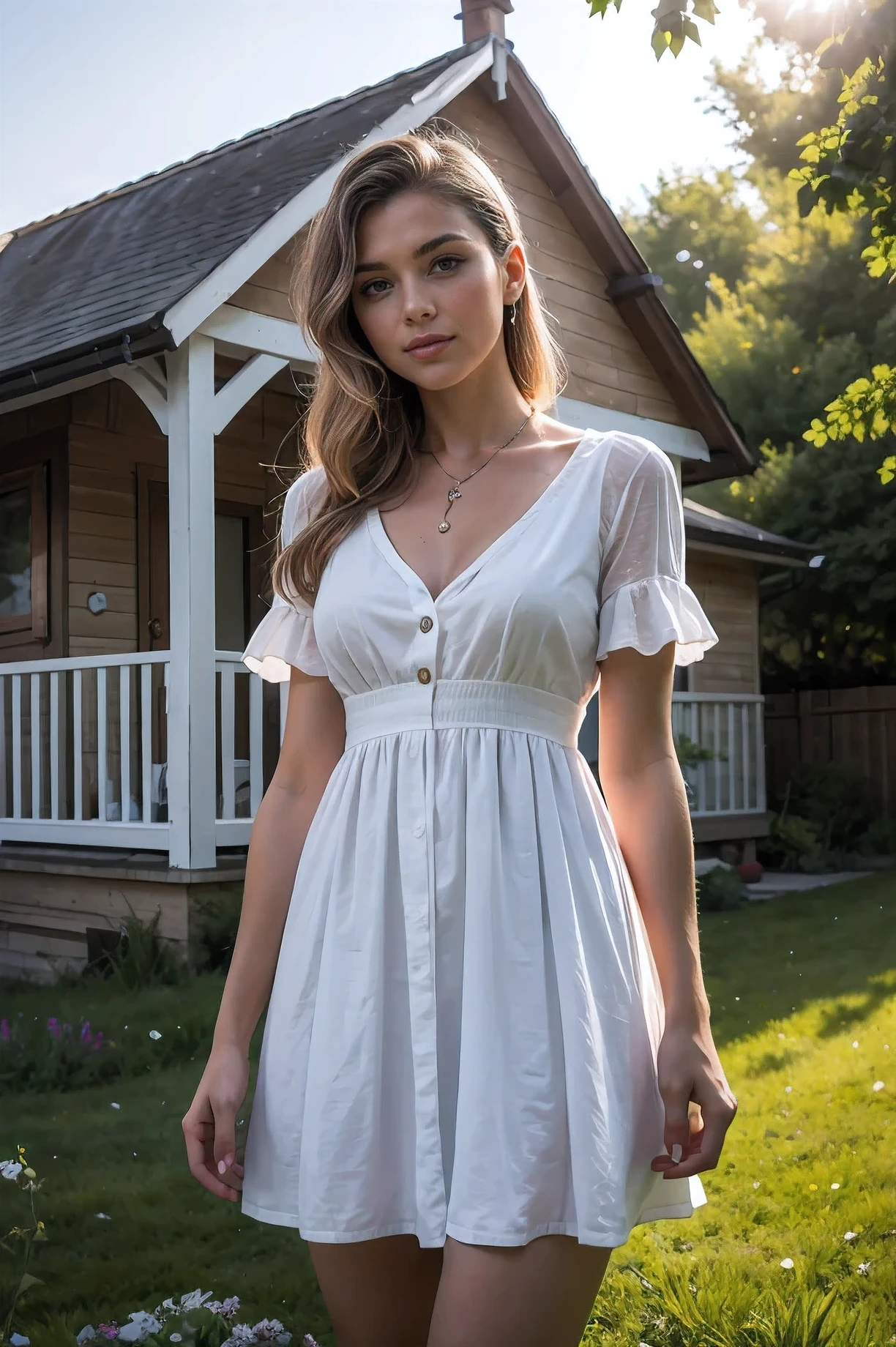 A beautiful woman with light delicately filtering through her hair, her summer dress is beautiful and she's standing in front of a cottage