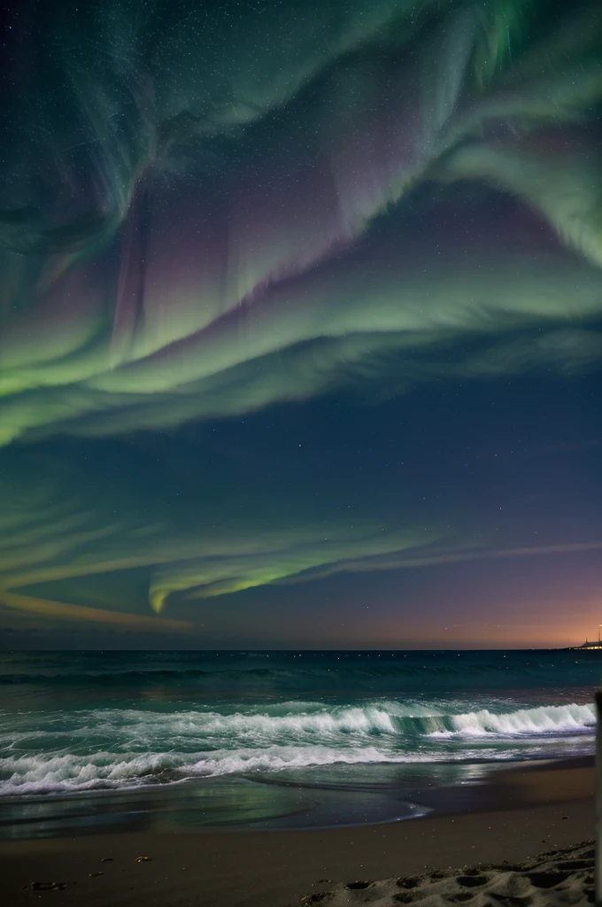 A beautiful green and purple Aurora sky,filled with stars,night,on the beach