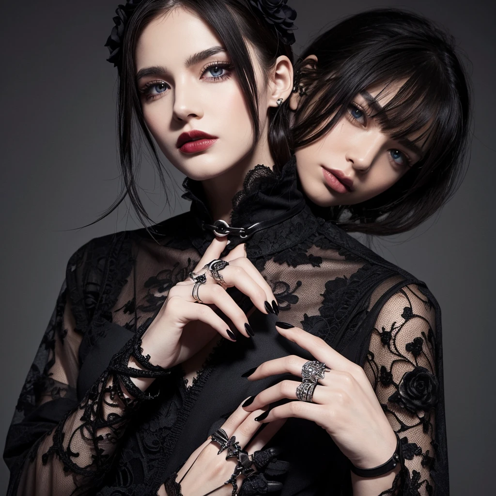 Male hand, black nails, dark gothic, accessories, cross, rose ring, black lace
