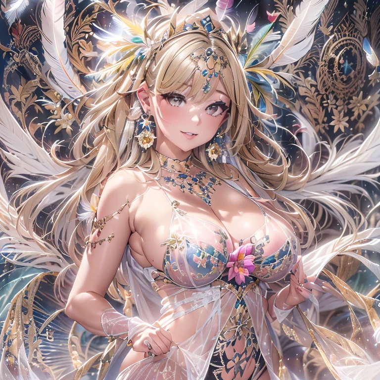 最高のmasterpiece、beautiful美しさ, 3D 2D, rich, blonde, stockings, High heels, poison、star、star、(Highly detailed CG Unity 8K wallpaper),(masterpiece), (最high quality), (Very detailedな), (Best Shadow), sharp eye liner, eye shadow, (((fine eye:1.1))), 超High resolution, Woman、Sensual curves、Huge breaste、お尻のmasterpiece,Very detailedな, beautiful Mature Woman,gowns and underwear, Captivating smile, Thick lips, plump唇, blush, Looking at the audience, Provocative expression, beautiful髪型, Cleavage, plump、CurAttractive face、Sexy Lingerie、An inviting g、Expressing emotions、Gorgeous Accessories 、colored feather, Precious metal decoration, colored Flowers, particle, Light, (masterpiece, 最high quality, 最high quality, Official Art, (1 Girl:1.3), Very detailed,(Fractal Art:1.1),(colorful:1.1)、(Flowers:1.3),Most detailed, (Dynamic pose), (Abstract background:1.3), (Shiny skin), (Many colors :1.4), (Earrings:1.4), (feather:1.4),masterpiece, 最high quality, Very detailedな, beautiful 、Mr.々Hair style,Gold headband,Ample breasts,beautiful butt,Greek c,Tulle covers the t,Perfect balance, Detailed clothing,cinematic Lighting, Film Grain, 8K, masterpiece, Very detailedな, High detail, high quality, High resolution,(((Openwork decoration))),(((See-through dress)))、(((Anatomically correct body))) , Cowboy Shot, blush, (((1 Girl))), (masterpiece:1.3), (High resolution), (8K), (Very detailed), Perfect Face, (((最high quality))), detailed face, (alone),(((Sexy pose)))、(((Well-formed big)))、((beauul目))、luxury、(((超High resolution)))、(((Detailed Description)))、(((Chubby body type)))、(((Body parts that correspond to anatomical structures)))、(((beautiful長いまつ毛)))、balanced figure,Fishnet tights、glamorous、(((Clear white and black 目)))、lipstick、(Undistorted face, eyes and body)、Finest Jewelry、gem、(長くカールしたbeautifulまつ毛)、(((バランス良いbeautiful胸)))、(transparent, Exquisite skin:1.2)、(((完璧なglamorousボディー)))、Actress's face、Super beautiful、Cute Smile、Healing beauty、Flower Shower、Perfect Eyes、Super sexy、Shiny skin、tutoring、Unblurred eyes