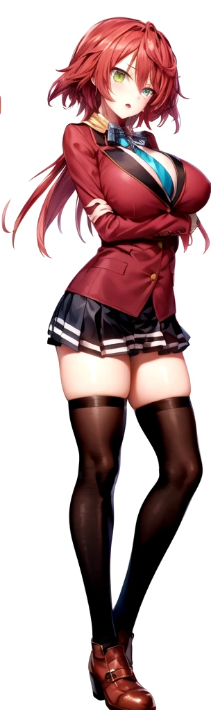 masterpiece, Highest quality, High resolution, , Red Hair, Red Bow, Striped blue scarf, blazer, Gold Button,(Shocked face),Red ugly jacket, Long sleeve, Big Breasts,Disdainful Eyes,Black Skirt, Black tights, Sexy thighs,Brown boots,Arms crossed,