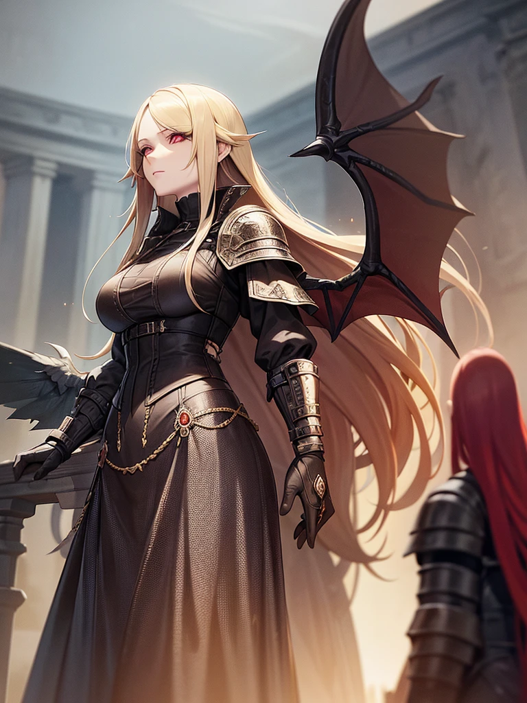 An adult woman with long blonde hair and red eyes. She would have dragon features: wings and sharp pupils like a dragon.
She would also wear dark souls-style body armor.
Artwork based on dark souls, gothic style.