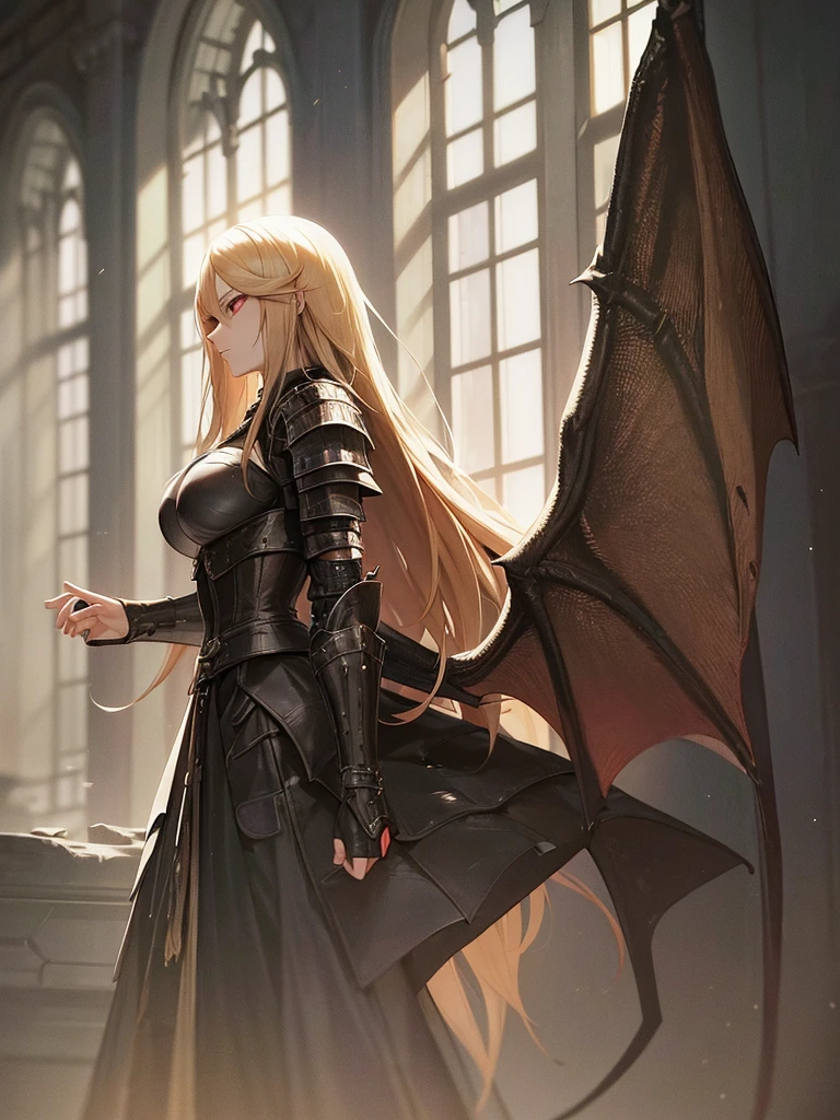 An adult woman with long blonde hair and red eyes. She would have dragon features: wings and sharp pupils like a dragon.
She would also wear dark souls-style body armor.
Artwork based on dark souls, gothic style.