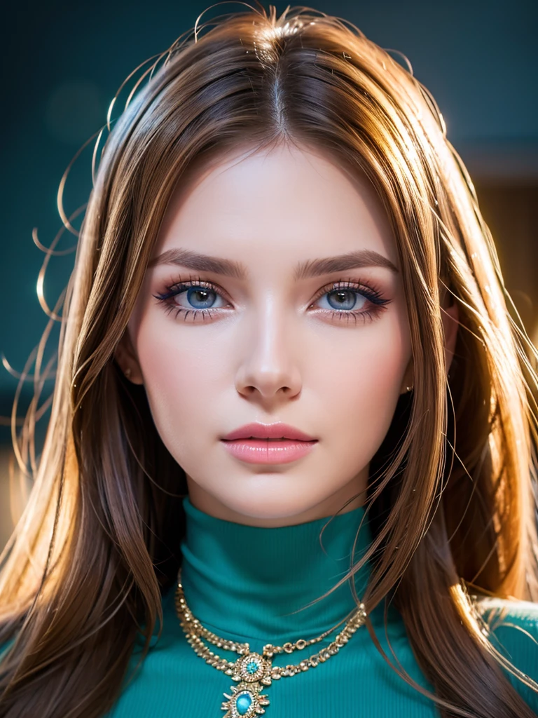 a beautiful young russian woman, detailed face, ((high quality)), photorealistic, stunning eyes, long eyelashes, attractive facial features, flawless skin, light brown hair, tight waist, necklace, active posing, long hairstyle, vivid colors, masterpiece, best quality, confident expression, ultra-detailed, (realistic:1.37), 8k, HDR, studio lighting, physically-based rendering, professional, vivid colors, bokeh, portrait