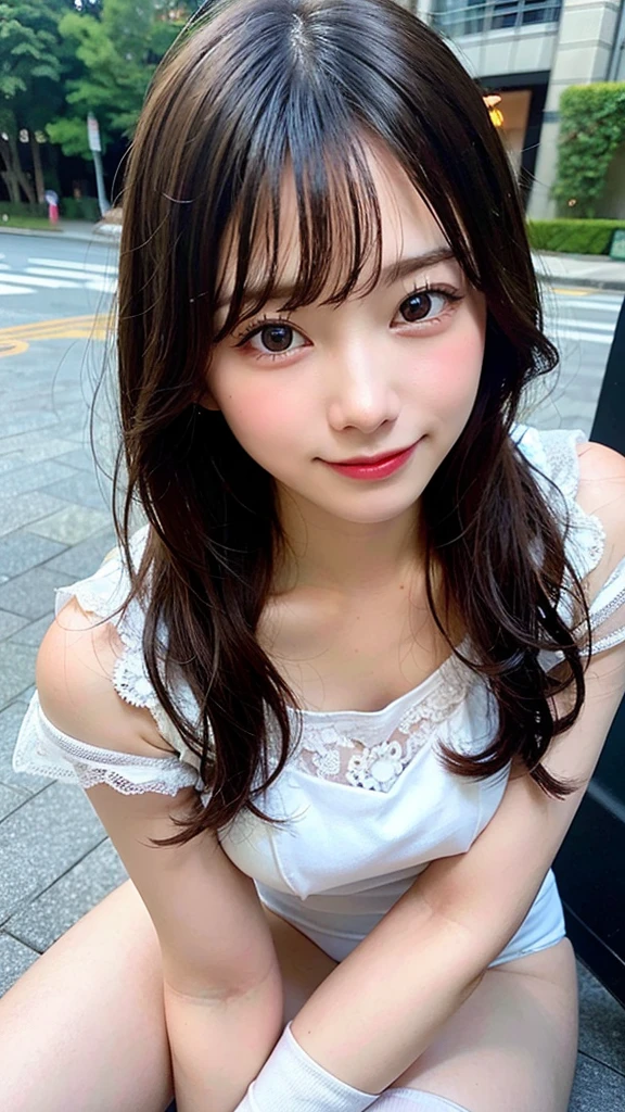 extremely detailed eyes and face, 1girls,20yo Japanese girls, wet bodies and skins,smile, happy, black hair, bangs,bob cut,detailed cute face and eyes, (round face:1.4),white skin,(8k, Super Hi-Res, Top Quality, Masterpiece: 1.2), (Photorealistic: 1.4), Super Detail, professional lighting,Lens Glow, depth of field,full body, spread legs,white lace panties,white knee-high sox,show panties,
