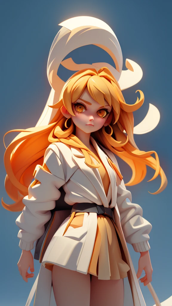 c.c., Expressionless, , (masterpiece, Highest quality, Super detailed, Best Shadow, Volumetric lighting), (Beautifully detailed face, Beautiful attention to detail), (Best lighting),, Orange eyes, Very long hair, (White straitjacket:1.4), Black belt, , (Cowboy Shot:1.3), intense angle,, mksks style, Beautiful background, Professional Lighting, Warm coloured landscape,