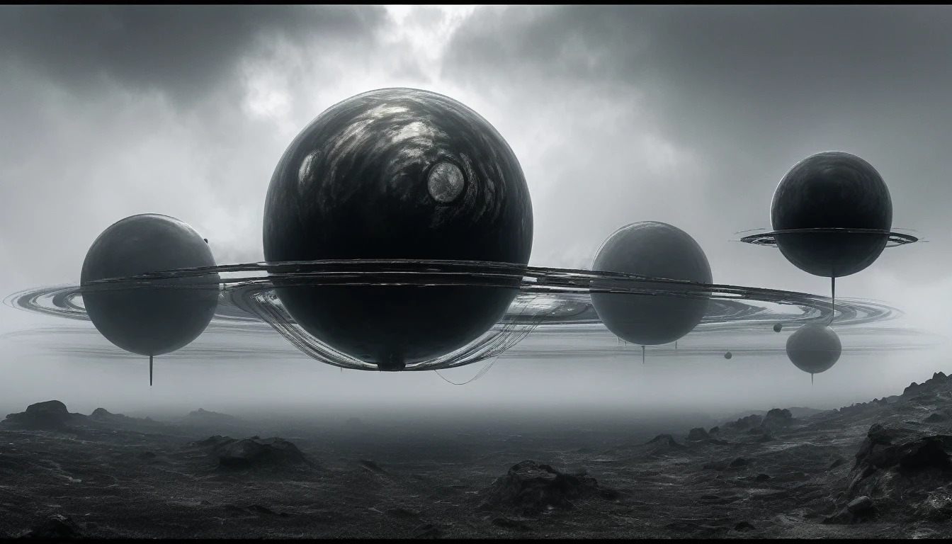 ON A STORMY GRAY DAY YOU SEE THE BLACK PLANETS, R STYLE.h. GIGER VERY CLOSE, ALMOST TOUCHING. SHOWS GRAVITATIONAL FIELD ABSORBING AND RELEASING MATTER MUTUALLY, 4k image, ALTA RESOLUCIÓN E hÍPER REALISTA, FILM DAYLIGHTING, CLOUDY DAY WITH FOG. hORIZONTE COMPROMETIDO