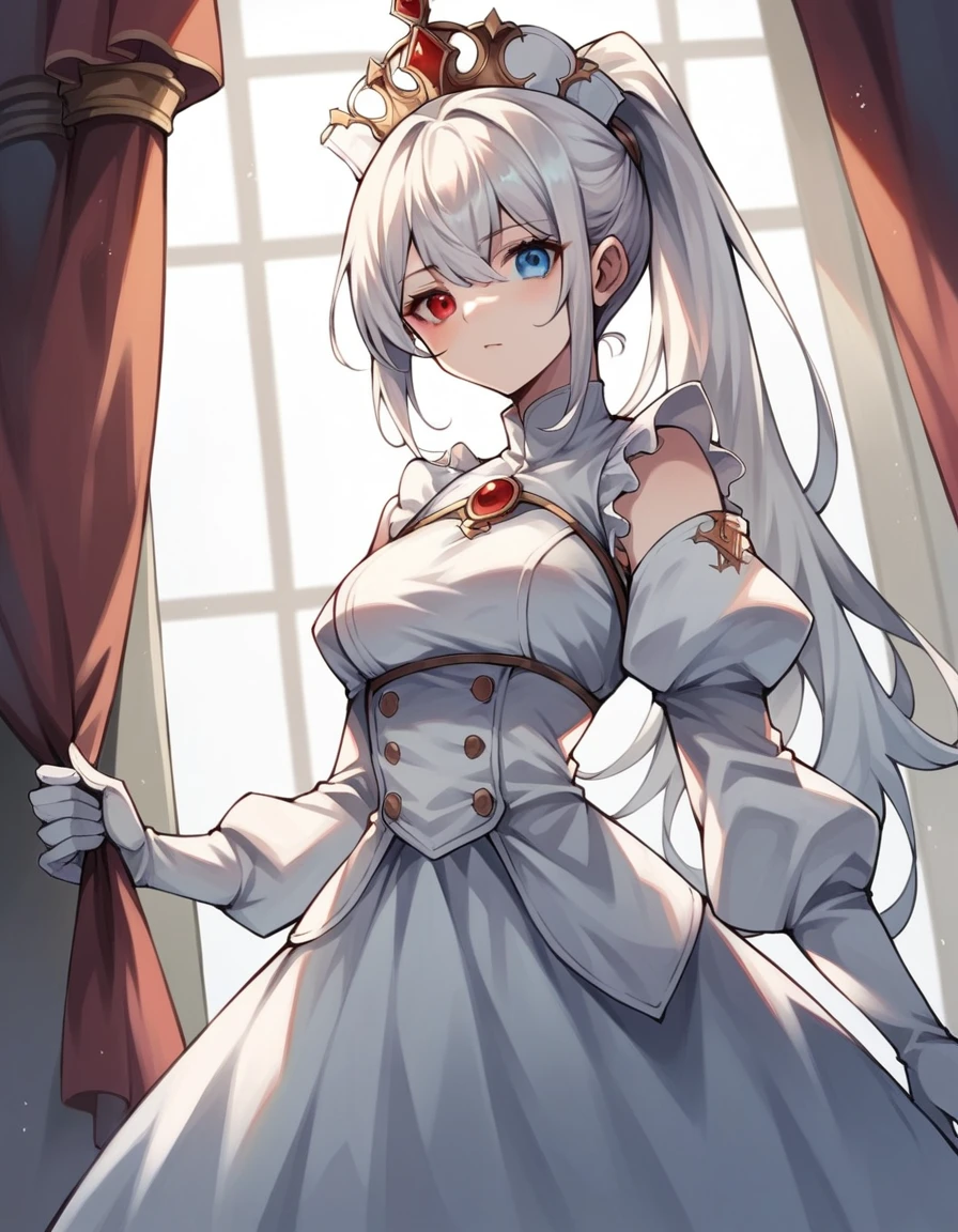 check_9, check_8_up, check_7_up, source_Anime,
The White Queen, The White Queen, long hair, bang, ponytail, White hair, heterochromia, Red eyes, Blue eyes,
gloves, long sleeves, It has, dress, a gift, frill, white gloves, white dress, white headdress, shoulder straps, half gloves,
in room,
One, Dutch corner, Looking at the viewer, cowboy shot,