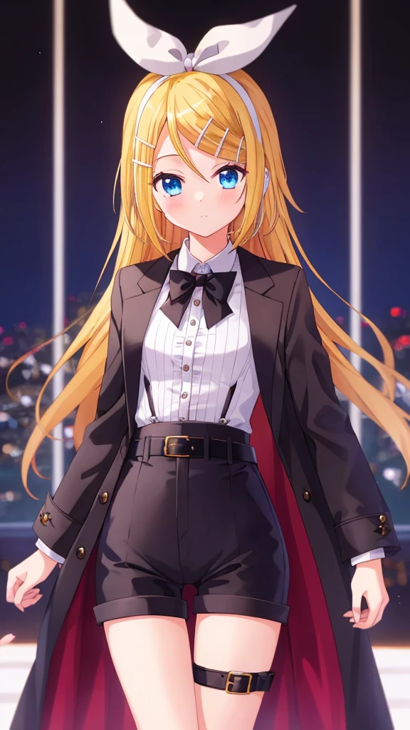 one girl, Kagamine Rin, cool, blue eyes, butler costume, black short pants, cross dressing, black coat, leg belt, fascinating thighs , cowboy shot