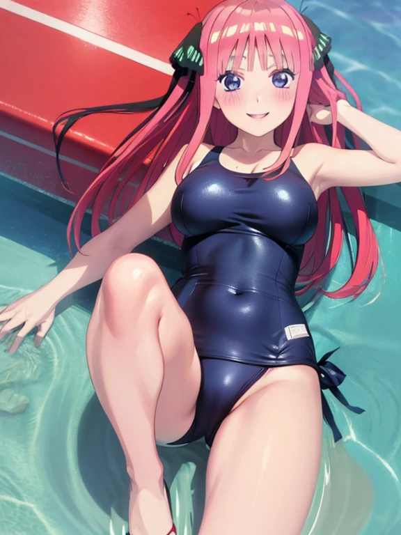 best quality, insanely detailed, nino nakano, , one-piece swimsuit, blush, smile