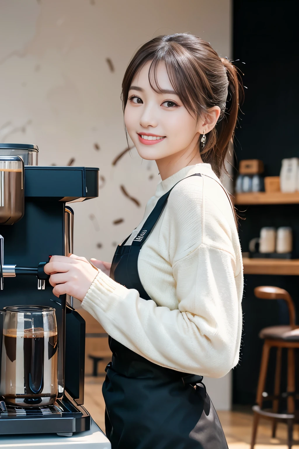 Japanese ID ,((cute ,Baby Face:1.2)),(8K, RAW Photos, Very detailedな, Highest quality:1.2), (Realistic, Photorealistic:1.4), (Very detailed, Ultra-high resolution ,beautiful, Tabletop:1.2), ,Very detailed顔と目,Shiny skin,(Upper Body:1.Professional Lighting,Soft Light, Sharp focus, Written boundary depth,ponytail,smile ,Earrings, (sweater :1.3),Bokeh,( A modern, minimalist cafe with white walls and sleek black furniture, wall abstract art, A barista expertly brews coffee behind a shiny espresso machine. :1.3)