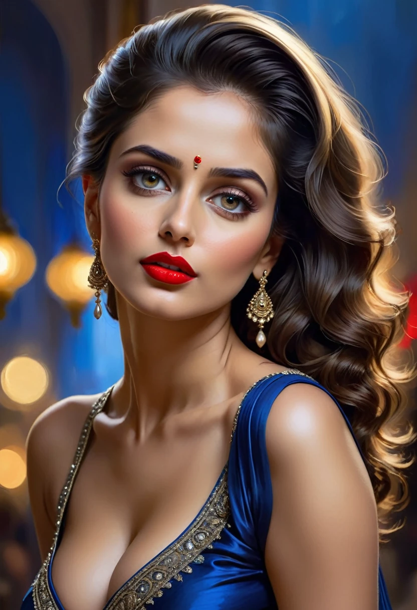 (seductive) a close up of a man kissing a girl in a sleeveless saree, man is half nude, ((red lips, bright eyes, curve heir 1.5)), ((beautiful details very big breast )), (Straight round and ultra huge clevage, not sagging breast), A glorious gorgeous, glorious gorgeous face, pretty face, bright eyes, modern sexy dress, updo elegant hair, blurred gray tones background, ultra focus, face ilumined, face detailed, 8k resolution, painted, dry brush, brush strokes, razumov style and garmash style, by Tokaito, ((Full Open )), full body, sexy open thin belly, night blue ambience
