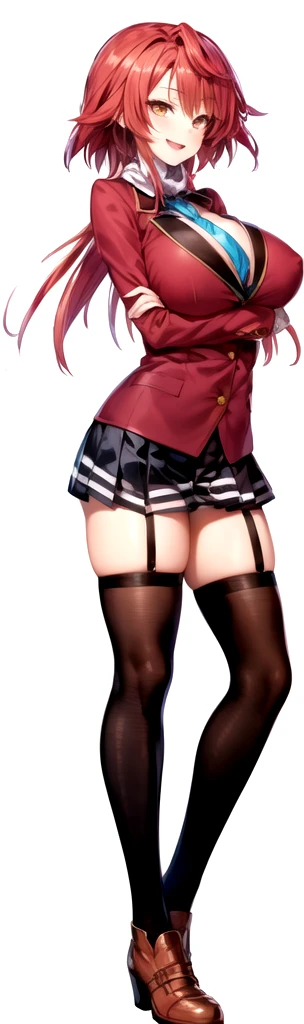 masterpiece, Highest quality, High resolution, , Red Hair, Red Bow, Striped blue scarf, blazer, Gold Button,(A big smile),Red ugly jacket, Long sleeve, garter belt,Big Breasts,,Black Skirt, Black tights, Sexy thighs,Brown boots,Arms crossed,