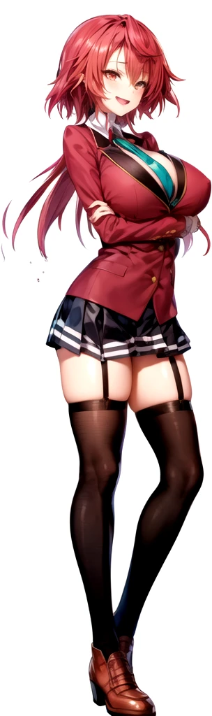 masterpiece, Highest quality, High resolution, , Red Hair, Red Bow, Striped blue scarf, blazer, Gold Button,(A big smile),Red ugly jacket, Long sleeve, garter belt,Big Breasts,,Black Skirt, Black tights, Sexy thighs,Brown boots,Arms crossed,