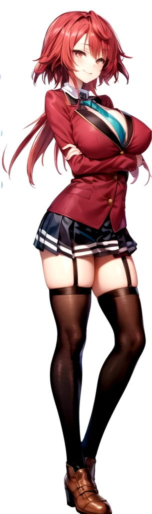 masterpiece, Highest quality, High resolution, , Red Hair, Red Bow, Striped blue scarf, blazer, Gold Button,(A big smile),Red ugly jacket, Long sleeve, garter belt,Big Breasts,,Black Skirt, Black tights, Sexy thighs,Brown boots,Arms crossed, 