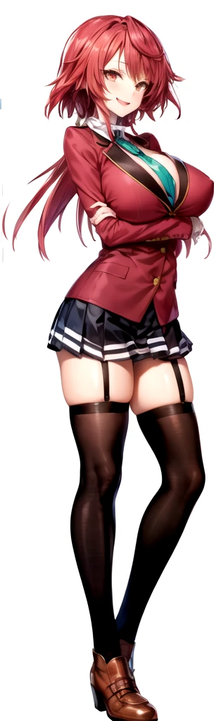 masterpiece, Highest quality, High resolution, , Red Hair, Red Bow, Striped blue scarf, blazer, Gold Button,(A big smile),Red ugly jacket, Long sleeve, garter belt,Big Breasts,,Black Skirt, Black tights, Sexy thighs,Brown boots,Arms crossed,