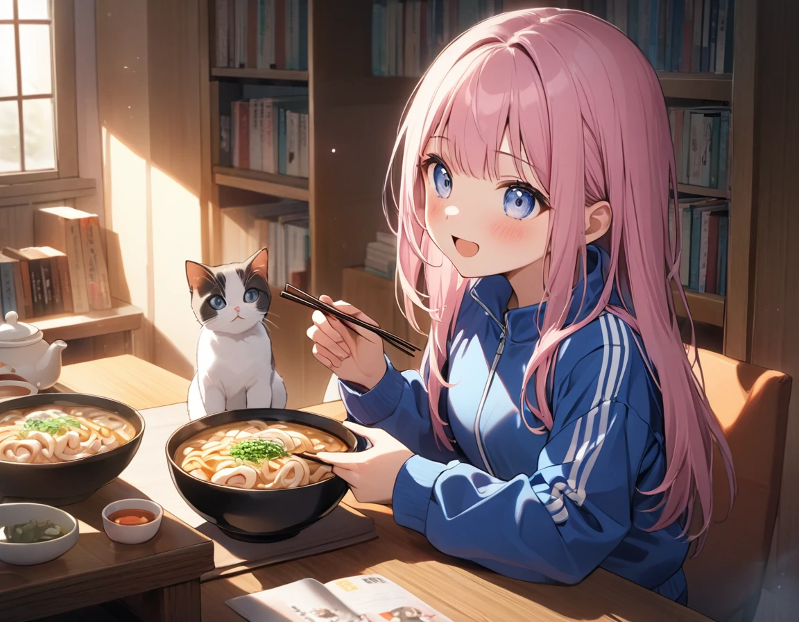 (8K, best quality, master piece: 1.2), super high resolution,1 cute girl,16yo,独奏,ultra-detailed face,detailed eyes,detailed eyes,mascara,happy,Lily Pink hair,Straight hair,Long hair,Tracksuits,seiza at a kotatsu,perfect hands, perfect fingers,holding chopsticks,eating udon in a bowl,indoors,kitten,A bookshelf lined with manga,Rim Light
