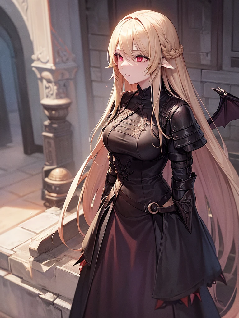 An adult woman with long blonde hair and red eyes. She would have dragon features: wings and sharp pupils like a dragon. 
She would also wear dark souls-style body armor.


Artwork based on dark souls, gothic style.
