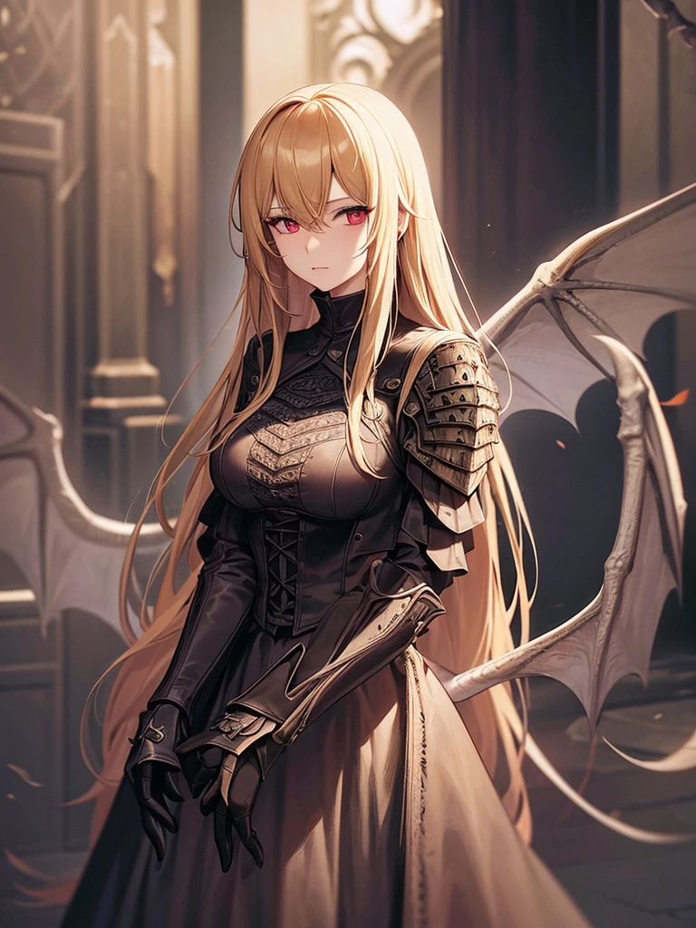 An adult woman with long blonde hair and red eyes. She would have dragon features: wings and sharp pupils like a dragon.
She would also wear dark souls-style body armor.
Artwork based on dark souls, gothic style.