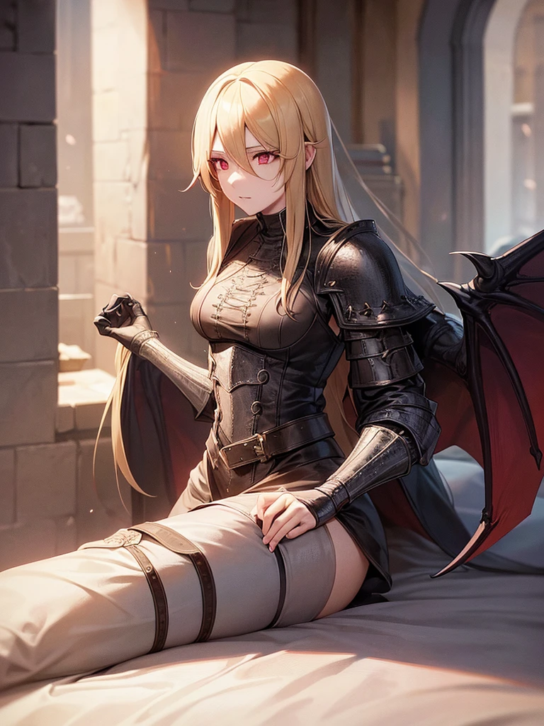 An adult woman with long blonde hair and red eyes. She would have dragon features: wings and sharp pupils like a dragon.
She would also wear dark souls-style body armor.
Artwork based on dark souls, gothic style.