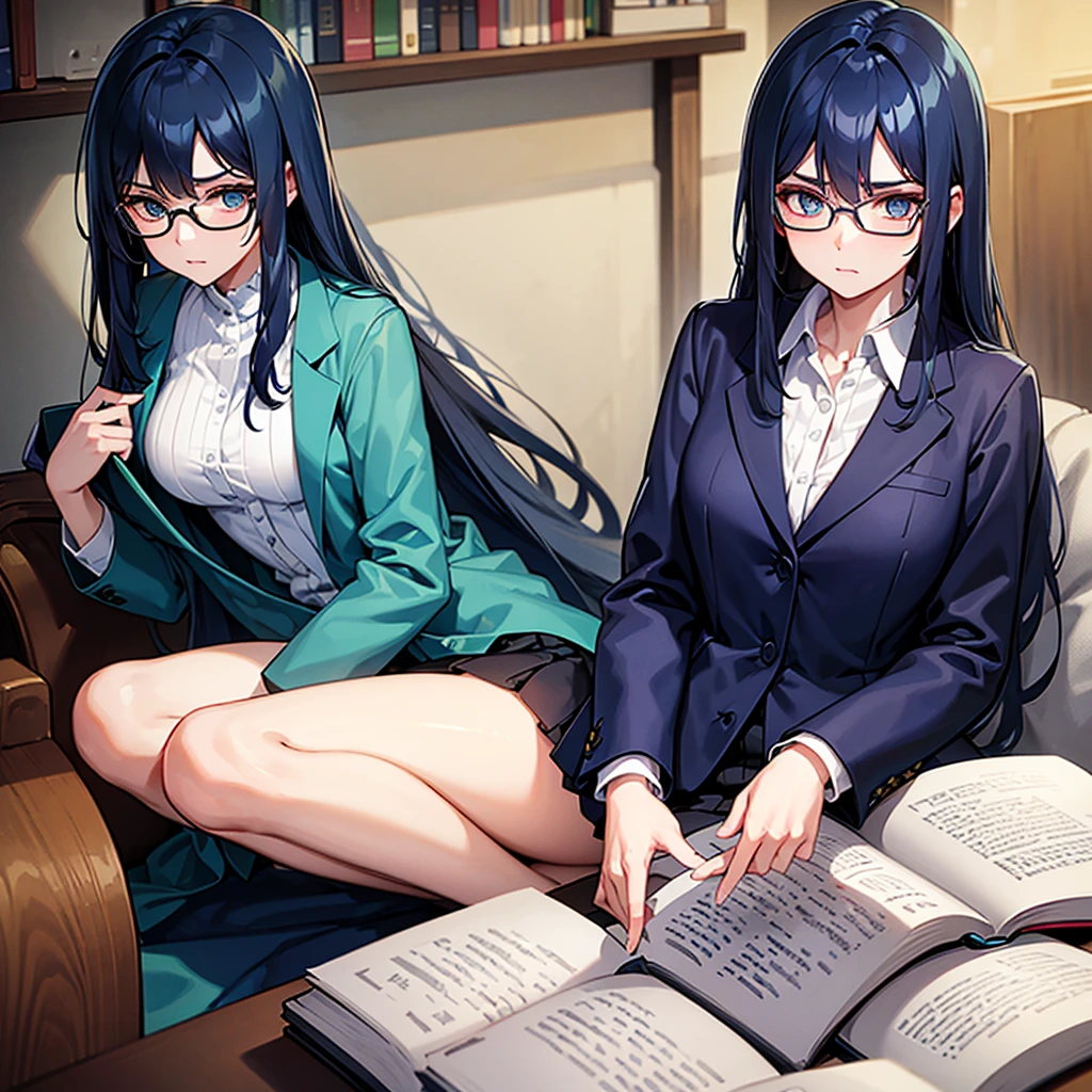 One Mature Woman、sit at the counter of a bookstore、Glasses、Huge breasts、Long Black Hair、Listless、Sleepy eyes、Smiling Kindly、tilting the head、book clerk、Bookshelf、Retro interior、Upper Body、Close-up、Put your elbows on the counter、