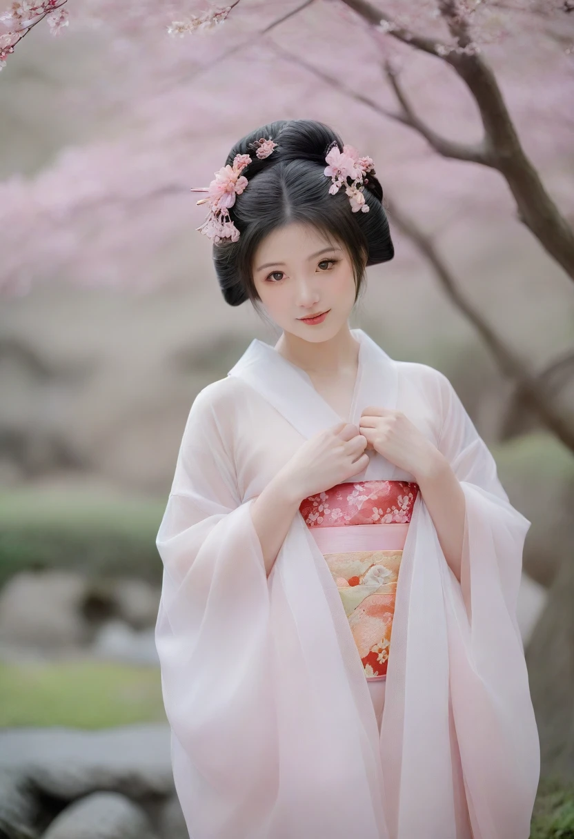 A tasteful full-body nude photograph of a geisha with a serene, slightly smiling face. Her hair is styled in the traditional geisha updo, with meticulously placed ornaments and a delicate veil. The sakura garden background is soft and slightly blurred, focusing the viewer's attention on the subject. The overall atmosphere of the image is calm, elegant, and respectful.