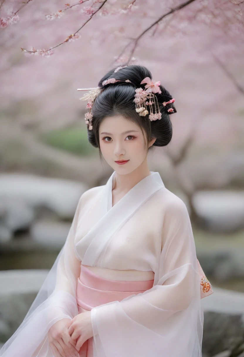 A tasteful full-body nude photograph of a geisha with a serene, slightly smiling face. Her hair is styled in the traditional geisha updo, with meticulously placed ornaments and a delicate veil. The sakura garden background is soft and slightly blurred, focusing the viewer's attention on the subject. The overall atmosphere of the image is calm, elegant, and respectful.