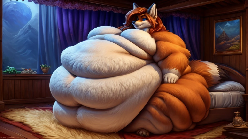 masterpiece, best quality, a morbidly obese anthro fox boy sitting on a bed in a large bedroom, bedroom, ((impossibly obese, blob, immobile,)), fat obese, fox, tail,flat chest, masculine chest, huge belly, wide hips, (fatfur), hyper fat, (enormous), (((obese))), blob, ((fat rolls, rolls,)), ((hyper obese)), furry,, immobile, ((too fat to move)), strechmarks,megafat, furry, fat, obese,fat_rolls, soft, obese, weight_gain, fattening, orange fur, copper hair, blue eyes, on a bed, sitting on bed,, d&d, fantasy, highly detailed, digital painting, artstation, sharp focus, fantasy art, illustration, 8k, in the style of greg rutkowski