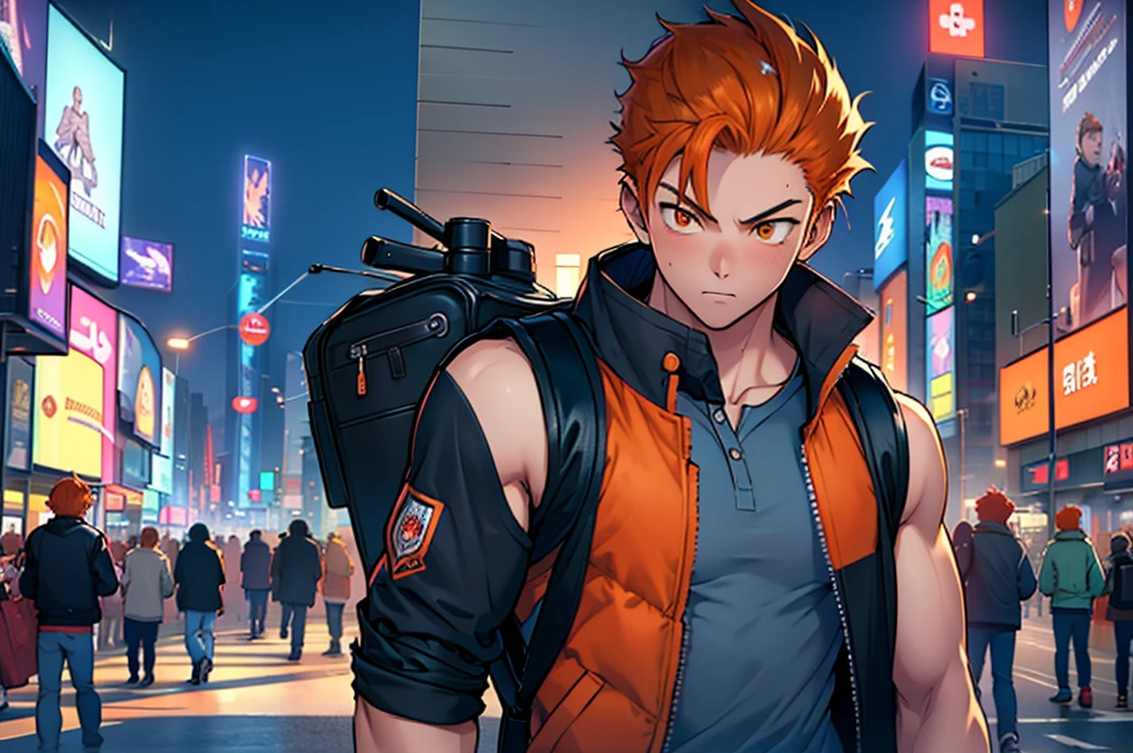 (masterpeace, best quality, good quality:1.4), masterpeace, intricate details,black jaket,cyber punk street,no thishirt,Bermuda shorts A close-up of a boy standing in a city with a backpack  in a sleeveless sweatshirt in the middle of a busy Times Square-style avenue, winter, leaning against one of the posts, orange hair child, wearing a cold sleeveless jacket, slightly unbuttoned jacket , masculine, little tight in the jacket, sleevelessA close-up of a boy standing in a city with a backpack Boy  in a sleeveless sweatshirt in the middle of a busy Times Square-style avenue, winter, leaning against one of the posts, orange hair , wearing a cold sleeveless jacket, slightly unbuttoned jacket , masculine, little tight in the jacket, sleeveless Masterpiece, Best Quality, Ultra Detailed, 1man