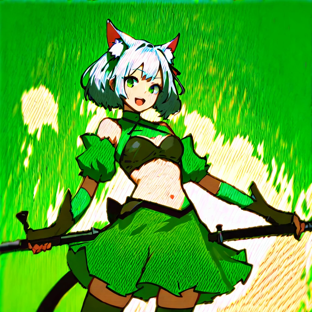 (score_9,score_8_up,score_7_up,) 1girl, solo, breasts, looking at viewer, smile, short white hair, open mouth, skirt, thigh highs, animal ears, tail, weapon, holding weapon, animal ear fluff, green skirt, sheath, green background,