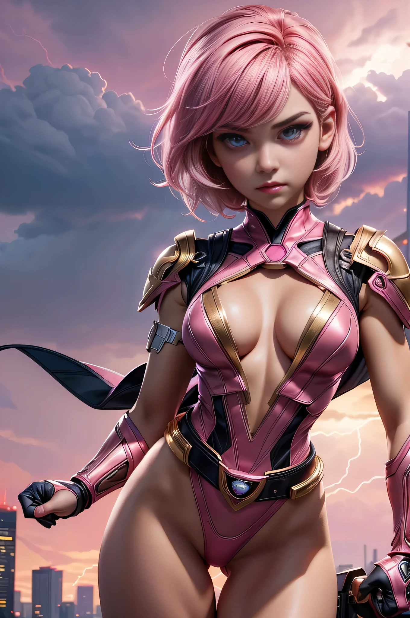 1girl, medium breasts, leotard, pink and black leotard, bare legs, tight belt, gold belt, gloves, white glove,
city backdrop, tokyo city backdrop, solo, single, hands on hip, cowboy shot, superhero, beautiful detailed eyes, 20 year old girl,
gold symbol on chest, mask, pink hair, short hair, bob hair, bright glowing pink eyes, sleeveless, perfect anatomy, masterpiece, (rear view)
superhero pose, dramatic lighting. storm clouds in sky, dramatic sky, lighting, glowing, lens flare.