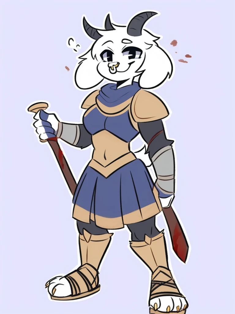 1girl, furry, furry_female, goat_ears, goat_girl, smile, solo, wearing armor, gladiator flat sandals, gladiator skirt, humanoid feet, holding sword, nose ring, septum piercing ring, facepaint, blood from mouth